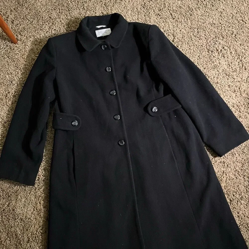 VTG Andrea Berm Black Wool Blend Long Coat L Classic 80s Minimalist